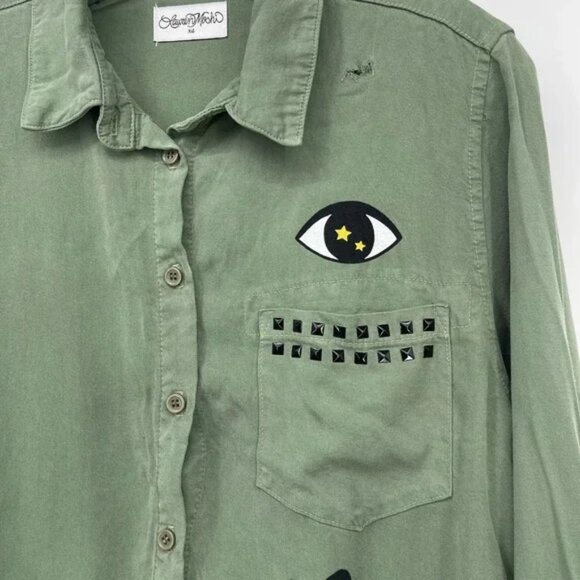 Lauren Moshi Green Button Up Top Womens XSmall Eye Heart Army Fringe Stud - Picture 8 of 10